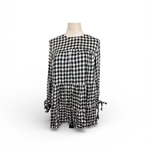 🆕 Zara black/white checked print long sleeve dress tie sleeve top size medium